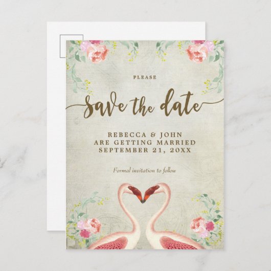Carte Postale Faire-part boho floral flamingo mariage enregistrer la date (Devant / Derrière)