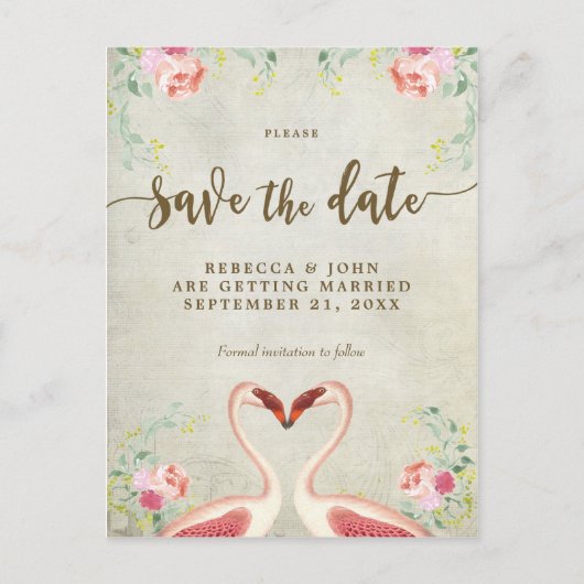 Carte Postale Faire-part boho floral flamingo mariage enregistrer la date (Devant)