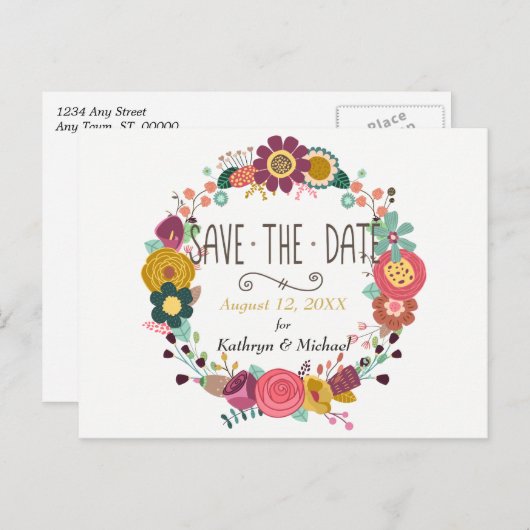 Carte Postale Faire-part Boho Floral Wreath Wedding Enregistrer la date (Devant / Derrière)