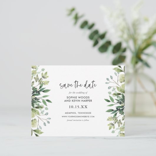 Carte Postale Faire-part Boho Green Modern Enregistrer la date (Debout devant)