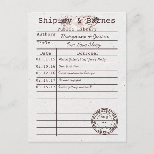 Carte Postale Faire-part Boho Owl Feather Library Card Enregistrer La Date  (Devant)