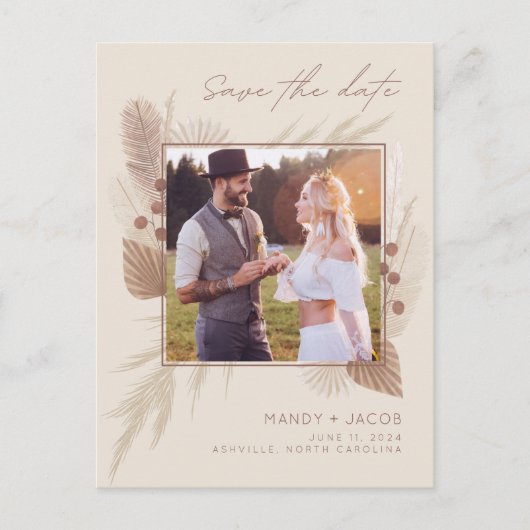 Carte Postale Faire-part Boho Pampas Grass photo mariage Enregistrer la dat (Devant)