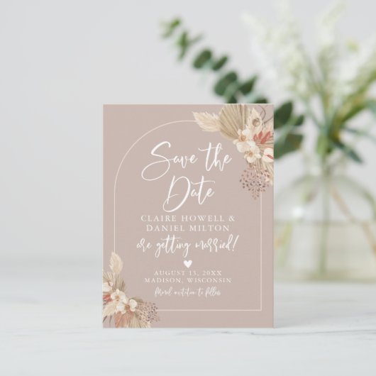 Carte Postale Faire-part Boho Pampas Neutrals Grass Enregistrer La Date Car (Debout devant)