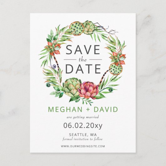 Carte Postale Faire-part Boho rustique Cactus succulents Enregistrer la dat (Devant)