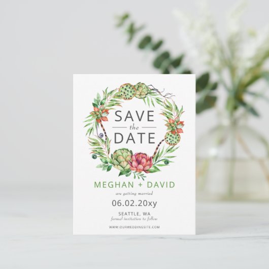 Carte Postale Faire-part Boho rustique Cactus succulents Enregistrer la dat (Debout devant)