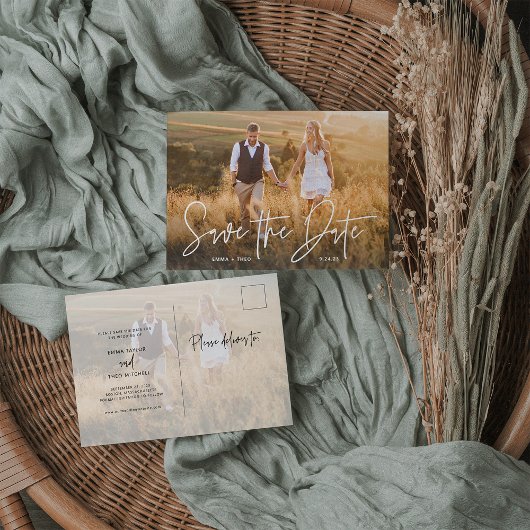 Carte Postale Faire-part Boho simple | Elégant script photo Enregistrer la