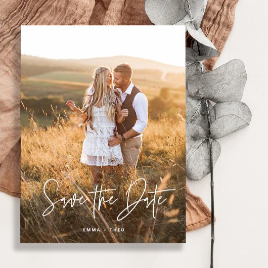Carte Postale Faire-part Boho simple | Elégant script photo Enregistrer la 
