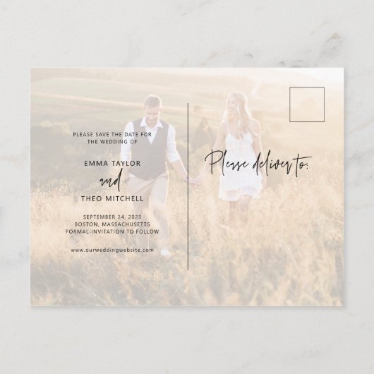 Carte Postale Faire-part Boho simple | Elégant script photo Enregistrer la  (Dos)