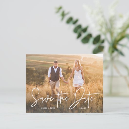 Carte Postale Faire-part Boho simple | Elégant script photo Enregistrer la  (Debout devant)