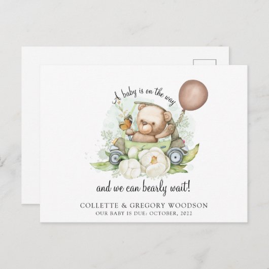 Carte Postale Faire-part Boho Teddy Bear Brown Green Bearly Wait Pregancy (Devant / Derrière)