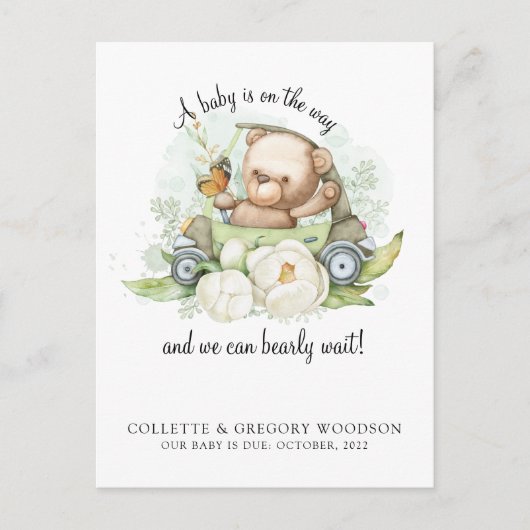 Carte Postale Faire-part Boho Teddy Bear Brun Sage Vert à peine attendre (Devant)