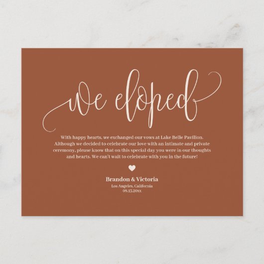 Carte Postale Faire-part Boho Terracotta Joli Script Mariage Elopement (Devant)