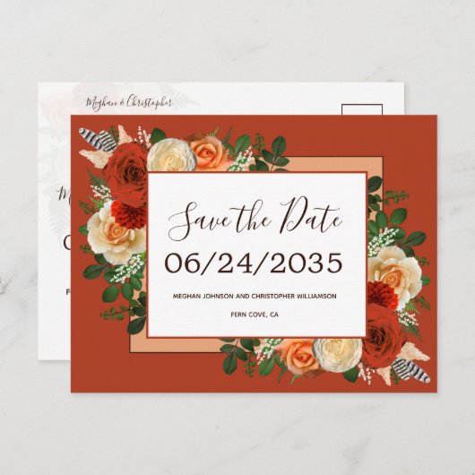 Carte Postale Faire-part Boho Terracotta rouille Mariage floral Enregistrer (Devant / Derrière)