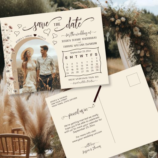 Carte Postale Faire-part Boho Wildflowers Calendar & Photo Save the Date