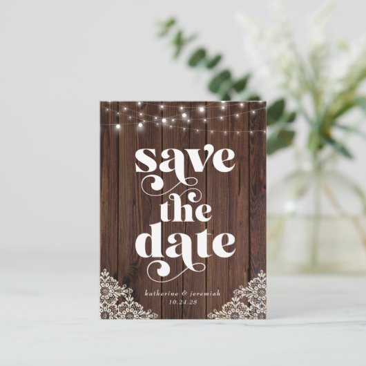 Carte Postale Faire-part Bois Chaîne Lumières Mariage dentelle Enregistrer (Debout devant)