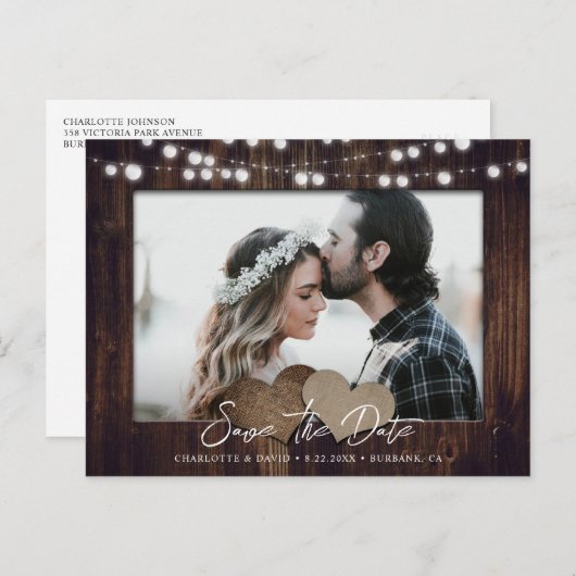 Carte Postale Faire-part Bois Chaîne Lumières Mariage Photo Enregistrer La (Devant / Derrière)