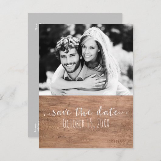 Carte Postale Faire-part Bois clair ENREGISTRER LA DATE Rustique Mariage Ph (Devant / Derrière)