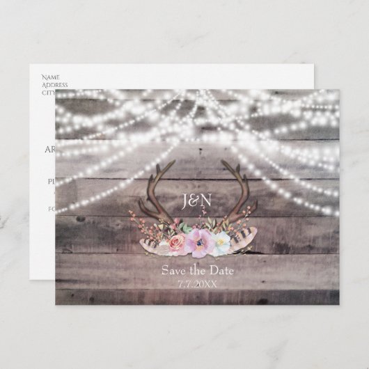 Carte Postale Faire-part Bois de cerf fleuris & Guirlandes de lumières Enre (Devant / Derrière)