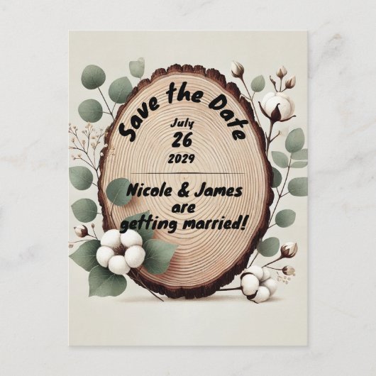 Carte Postale Faire-part Bois de forêt Eucalyptus Coton Rustique Save the D (Devant)