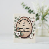 Carte Postale Faire-part Bois de forêt Eucalyptus Coton Rustique Save the D (Debout devant)