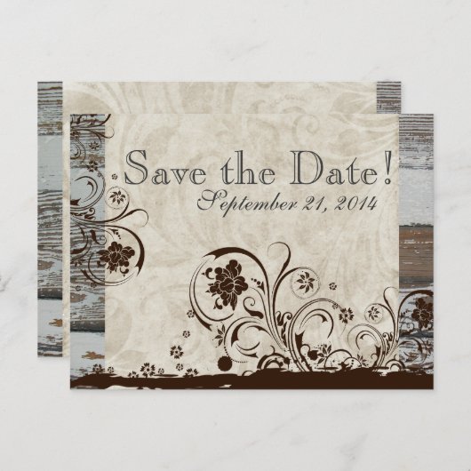 Carte Postale Faire-part Bois et parchemin Swirl enregistrer la date (Devant / Derrière)