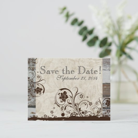 Carte Postale Faire-part Bois et parchemin Swirl enregistrer la date (Debout devant)