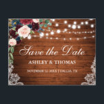 Carte Postale Faire-part Bois Rustique Bourgogne Bleu Floral Save the Date<br><div class="desc">Bois Rustique Guirlande de Lumières Dentelle Aquarelle Bourgogne Marsala Bleu Floral Save the Date Carte Postale - Dos Imprimé</div>
