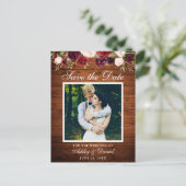 Carte Postale Faire-part Bois rustique Bourgogne florale Enregistrer la dat (Debout devant)