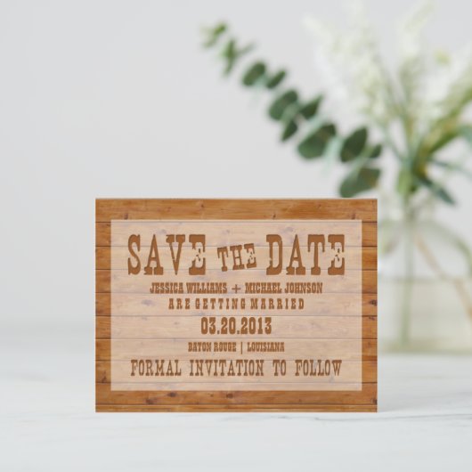 Carte Postale Faire-part Bois Rustique Enregistrer la Date (Debout devant)