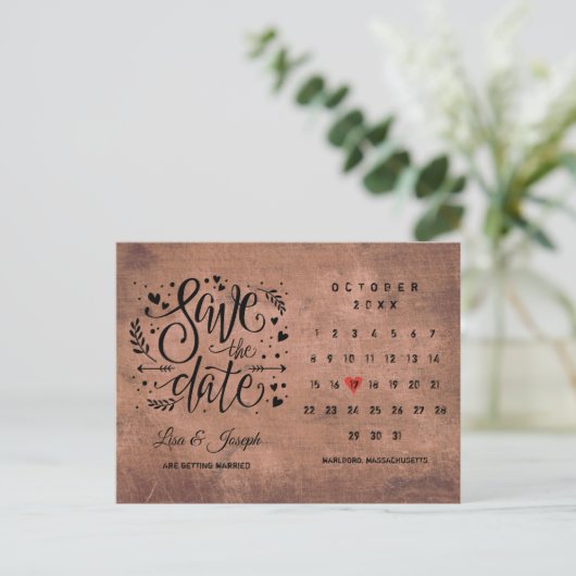 Carte Postale Faire-part Bois rustique Enregistrer la date Calendrier Red L (Debout devant)