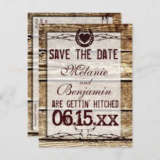 Carte Postale Faire-part Bois rustique Enregistrer la date Obtenir hitched  (Devant / Derrière)