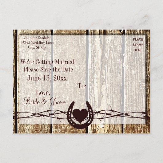 Carte Postale Faire-part Bois rustique Enregistrer la date Obtenir hitched  (Dos)