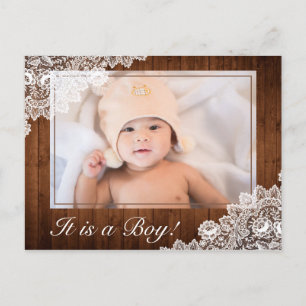 Carte Postale Faire-part Bois rustique et dentelle blanche bébé garçon phot
