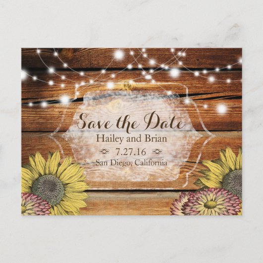 Carte Postale Faire-part Bois rustique, Fleurs de soleil, Typographie Enreg (Devant)