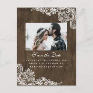 Carte Postale Faire-part Bois rustique Floral Blanc dentelle Photo Enregist
