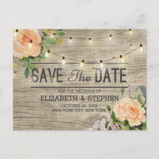 Carte Postale Faire-part Bois Rustique Floral Lumières À Chaîne Enregistrer (Devant)