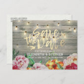 Carte Postale Faire-part Bois Rustique Floral Lumières À Chaîne Enregistrer (Devant / Derrière)