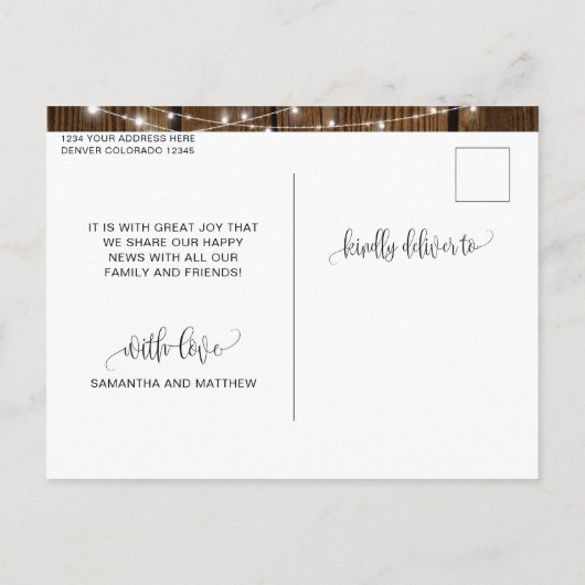 Carte Postale Faire-part Bois rustique, guirlande lumineuse, fiançailles, d (Dos)