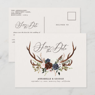 Carte Postale Faire-part Bois rustique script marine bordeaux mariage flora