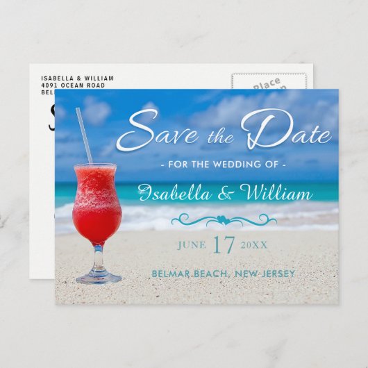 Carte Postale Faire-part Boisson Rouge Plage Océane Enregistrez la Date (Devant / Derrière)