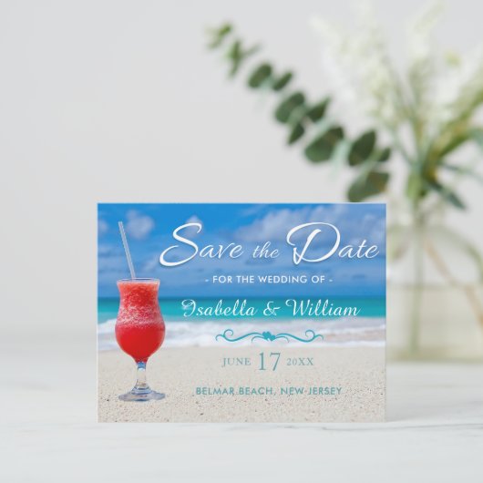 Carte Postale Faire-part Boisson Rouge Plage Océane Enregistrez la Date (Debout devant)