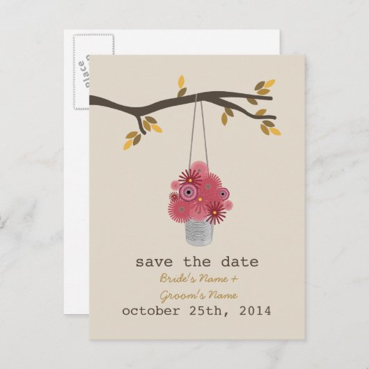 Carte Postale Faire-part Boîte de conserve de fleurs rouges Mariage d'autom (Devant / Derrière)