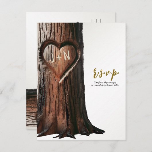 Carte Postale Faire-part Boîtier de coeur sculpté souche Mariage rustique R (Devant / Derrière)