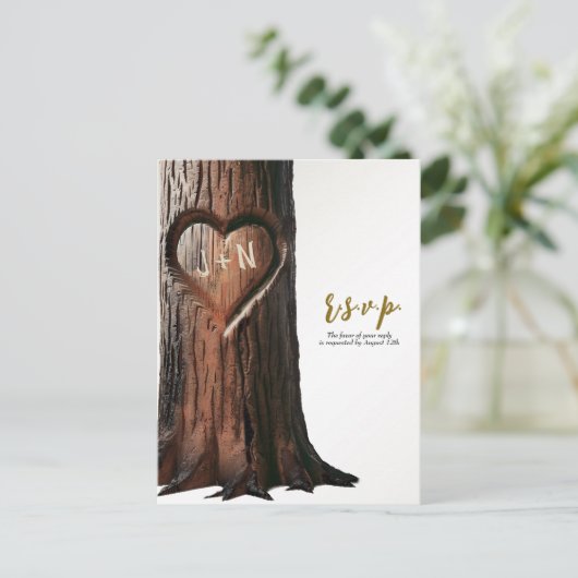 Carte Postale Faire-part Boîtier de coeur sculpté souche Mariage rustique R (Debout devant)