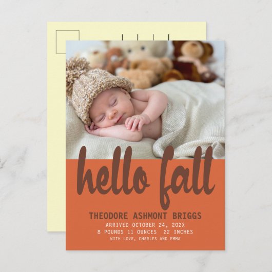 Carte Postale Faire-part Bonjour Automne Automne Bébé Naissance Photo (Devant / Derrière)