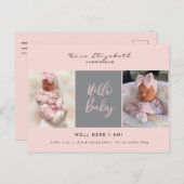 Carte Postale Faire-part Bonjour Bébé Deux Photo Fille Naissance Rose (Devant / Derrière)