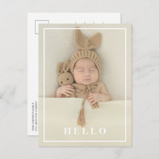 Carte Postale Faire-part Bonjour Simple bébé photo moderne naissance (Devant / Derrière)