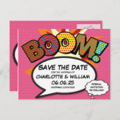 Carte Postale Faire-part BOOM Enregistrez la date Fun Retro Bande dessinée  (Devant / Derrière)