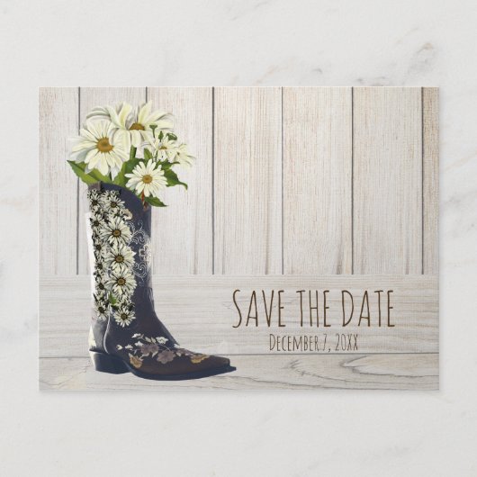 Carte Postale Faire-part Boot rustique avec marguerites Enregistrer la date (Devant)