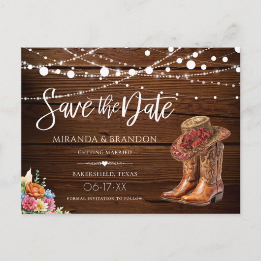 Carte Postale Faire-part Boots Rustiques Cowboy Mariage Occidental Enregist (Devant)